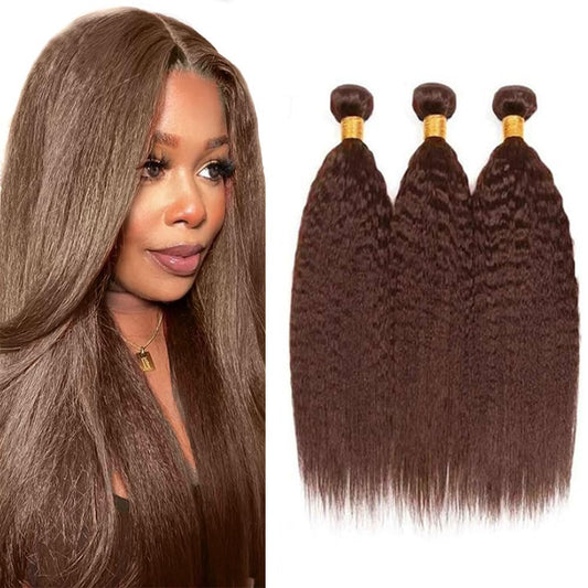 #4 Chocolate Brown Bundles Human Hair Kinky Straight 3 Bundles 16 18 20 Inch Brazilian Remy Hair 50 Grams/Bundle Unprocessed Virgin Hair Color #4 Brown Yaki Straight Bundle Weaves Extensions