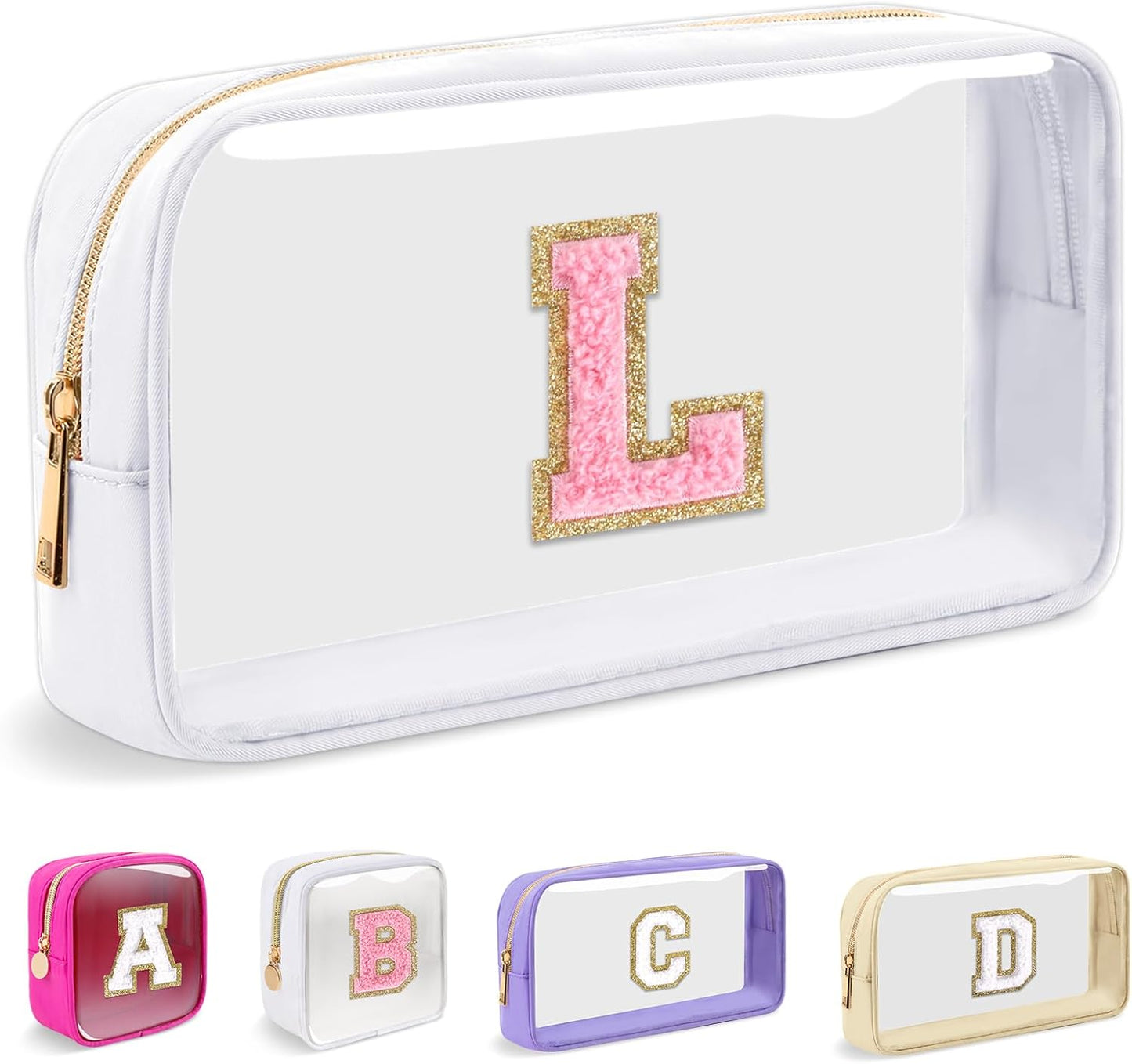 Personalized Initial Makeup Bag - Waterproof Nylon Cosmetic Pouch | A-Z Chenille Letter Patch, White-Pink G