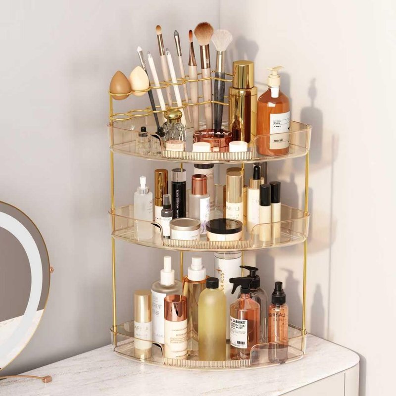3-Tier Corner Bathroom Counter Organizer - Makeup & Skincare Storage with Brush Holder | Amber