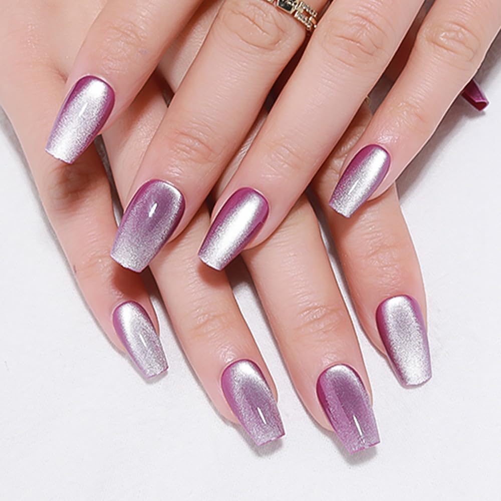Aqua Blue Cat Eye Press-On Nails - Medium Square Chrome Design | Holographic Glitter Gel Acrylic Reusable