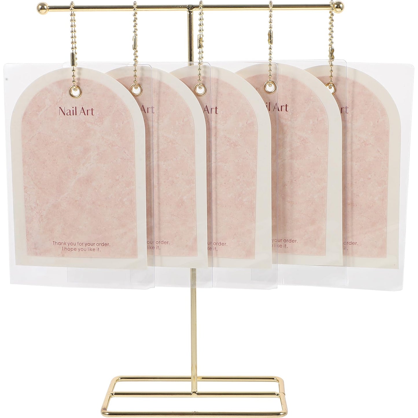 NOLITOY Nail Art Display Cards with Stand Fake Nail Display Holder for Press on Nails 5 Cards with Chains and Bags T-Shaped Rack for Salon Art Supplies