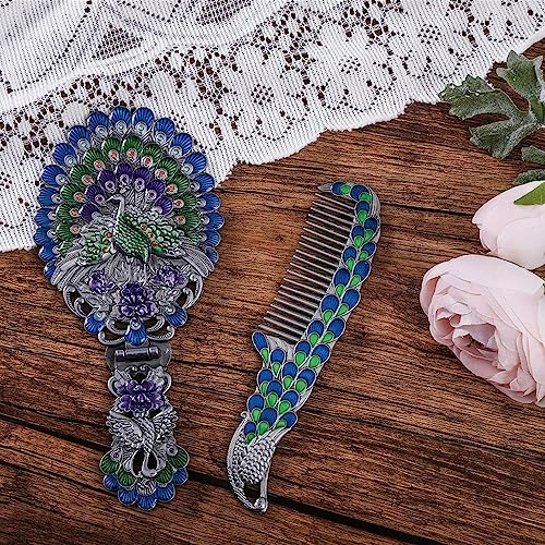 Rayberro Blue Peacock Vintage Handheld Mirror & Comb Set