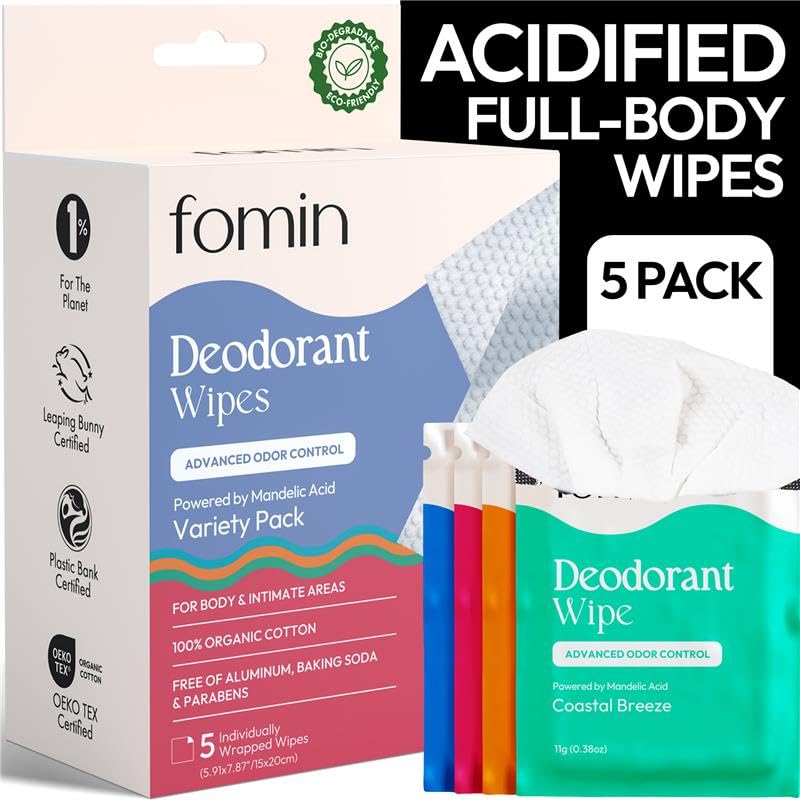 FOMIN Mini Deodorant Wipes - 5 Count Travel Pack, Biodegradable