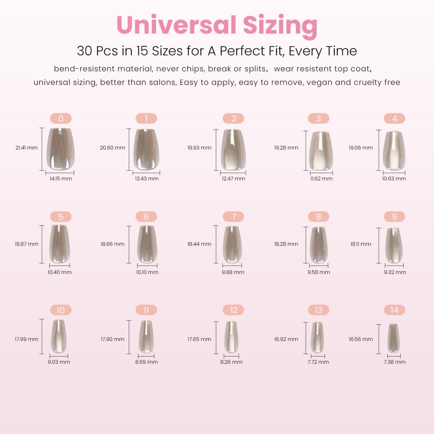 Press On Nails - Glazed Over Metallic Shimmer Coffin Nails | Reusable Short Fake Nails Kit - 30 Pcs in 15 Sizes with Glue