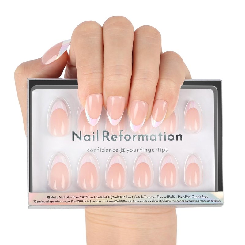 Press On Nails - Mirror Effect Short Almond Fake Nails | White French Tip on Pink Gradient Metallic Base, 16 Sizes - 32 Reusable Nail Kit for Women