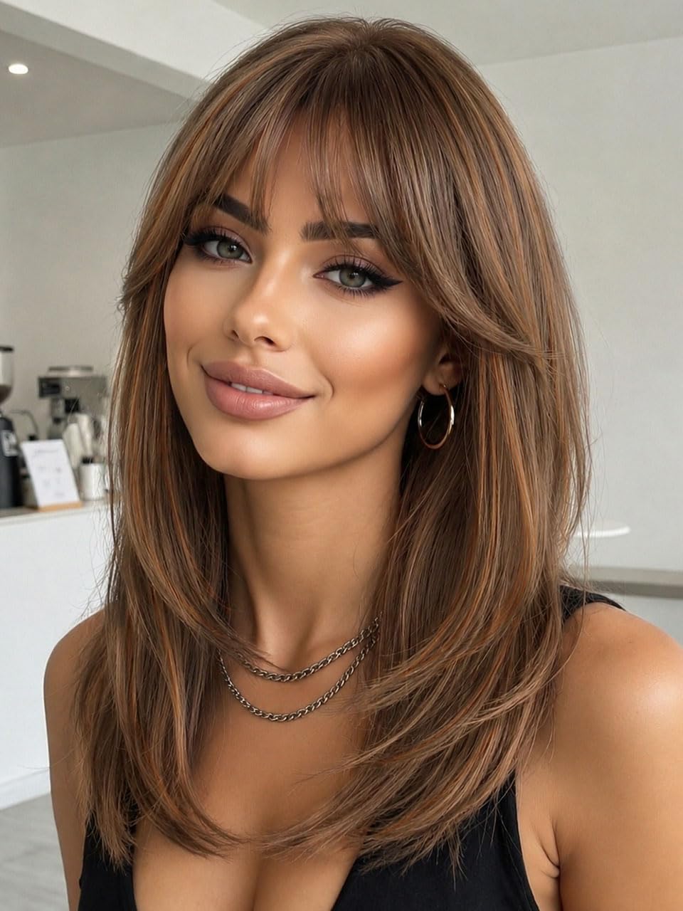 Ash Beige Blonde Wig with Highlights - Beginner Friendly Middle Length Straight Wig for Women | Natural Layered Bangs