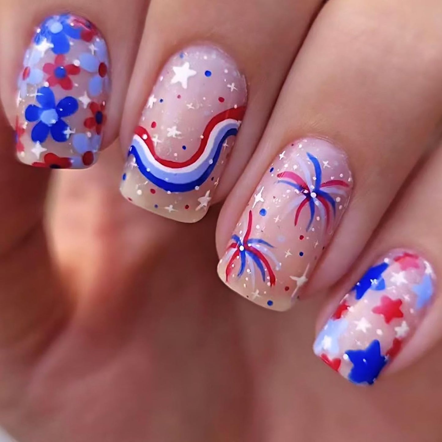 Independence Day Press-On Nails - Medium Square Glitter Acrylic Nails with American Flag Design | 24 Pcs Blue & Red