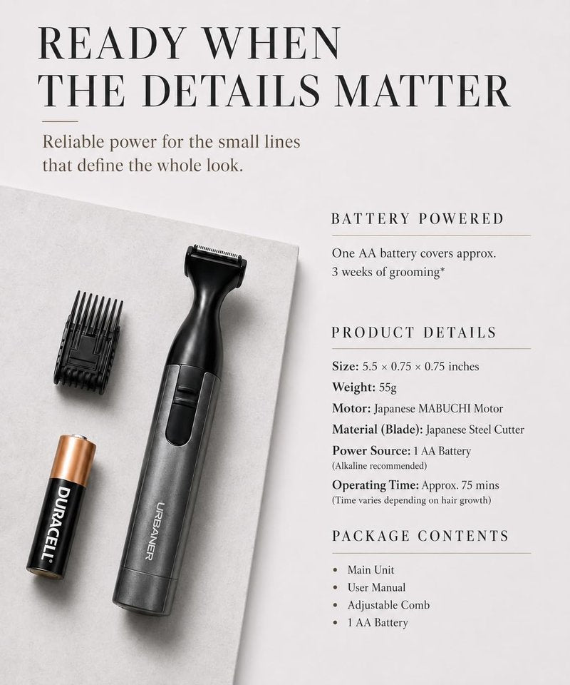 URBANER Mustache Trimmer for Men, 0.8” Precision Blade, Waterproof Adjustable Beard Detail Trimmer, 0.08”–0.55” Settings, Japanese Steel Blade for Lip Line & Edges, Black/Gray