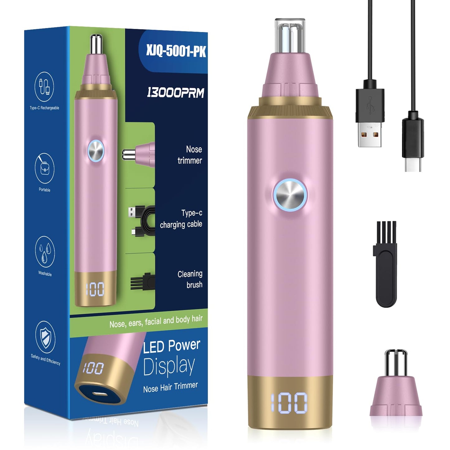 Ear and Nose Hair Trimmer for Men and Women, Painless USB Rechargeable Electric Facial & Eyebrow Hair Remover with LED Display, Dual-Edge Blades for Smooth,13000 RPM Motor IPX7 Waterproof (Pink)
