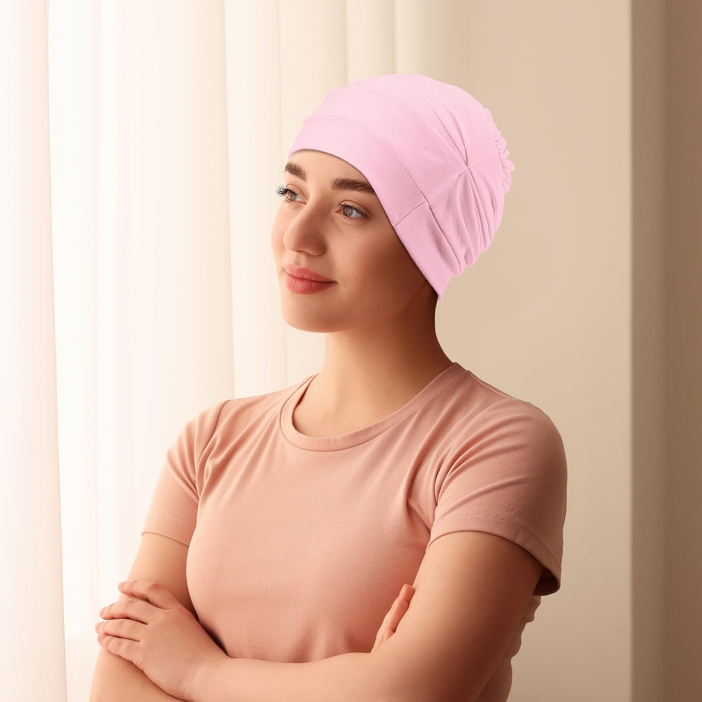 JenPen 4 Pcs Silk Satin Sleeping Bonnet for Women, Soft Chemo Satin Lined Headwear, Stay on All Night Hat for Curly Long Hair(Purple, White, Flesh Pink, Sky Blue)
