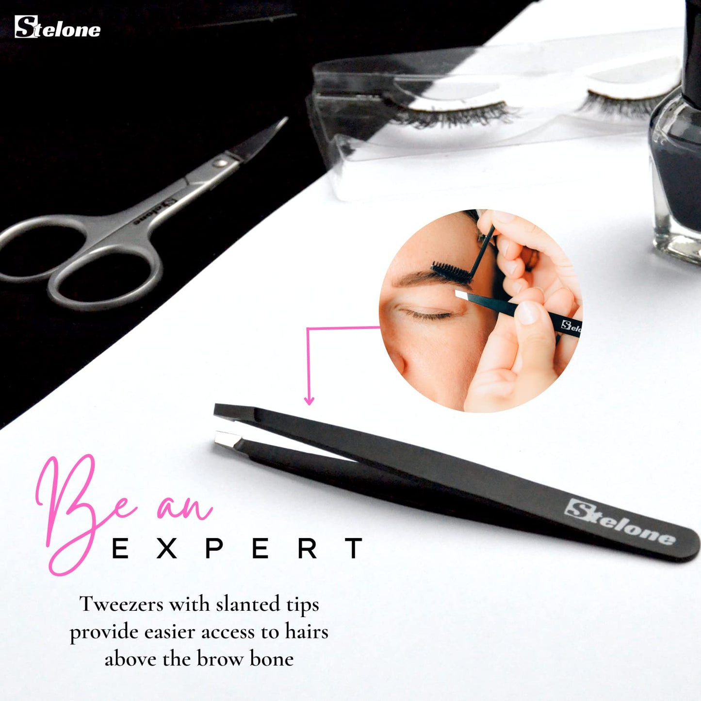 Stelone Tweezers for Eyebrows - Slant Tip Professional Stainless Steel Eyebrow Tweezers for Women & Men - Great Precision on Brow, Facial Hair & Ingrown Hair