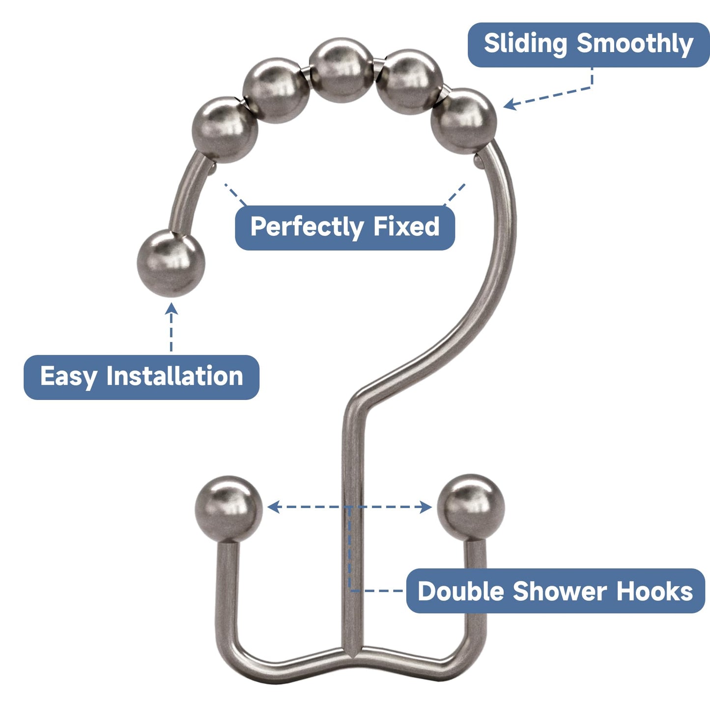 Titanker Shower Curtain Hooks Rings, Rust Resistant Metal Double Glide Shower Hooks Rings for Bathroom Shower Rods Curtains, Set of 12 Hooks - Nickel