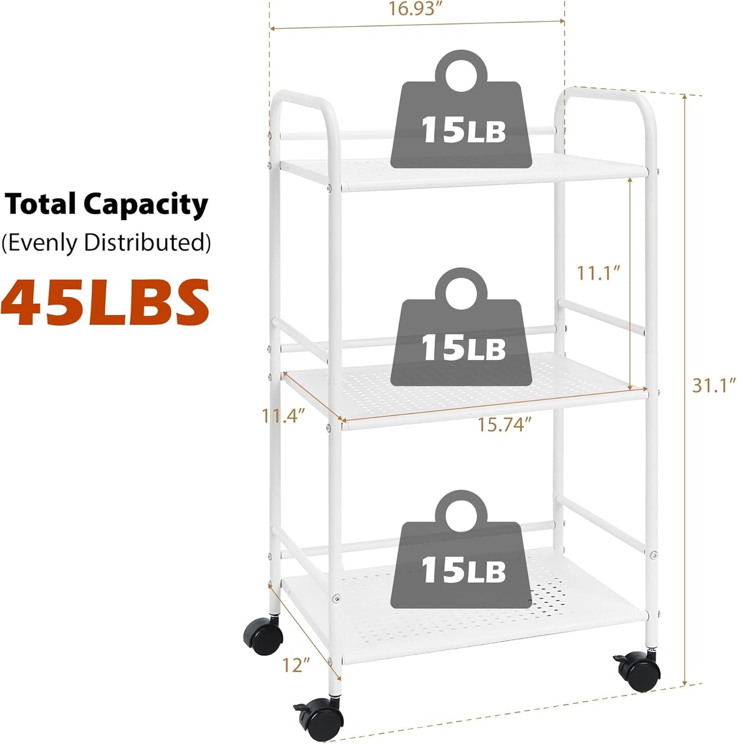 SunnyPoint 3-Tier Rolling Utility Cart - Metal Storage Organizer with Wheels | Mobile Kitchen & Office Organizer, White, 12"D x 16.92"W x 31.1"H