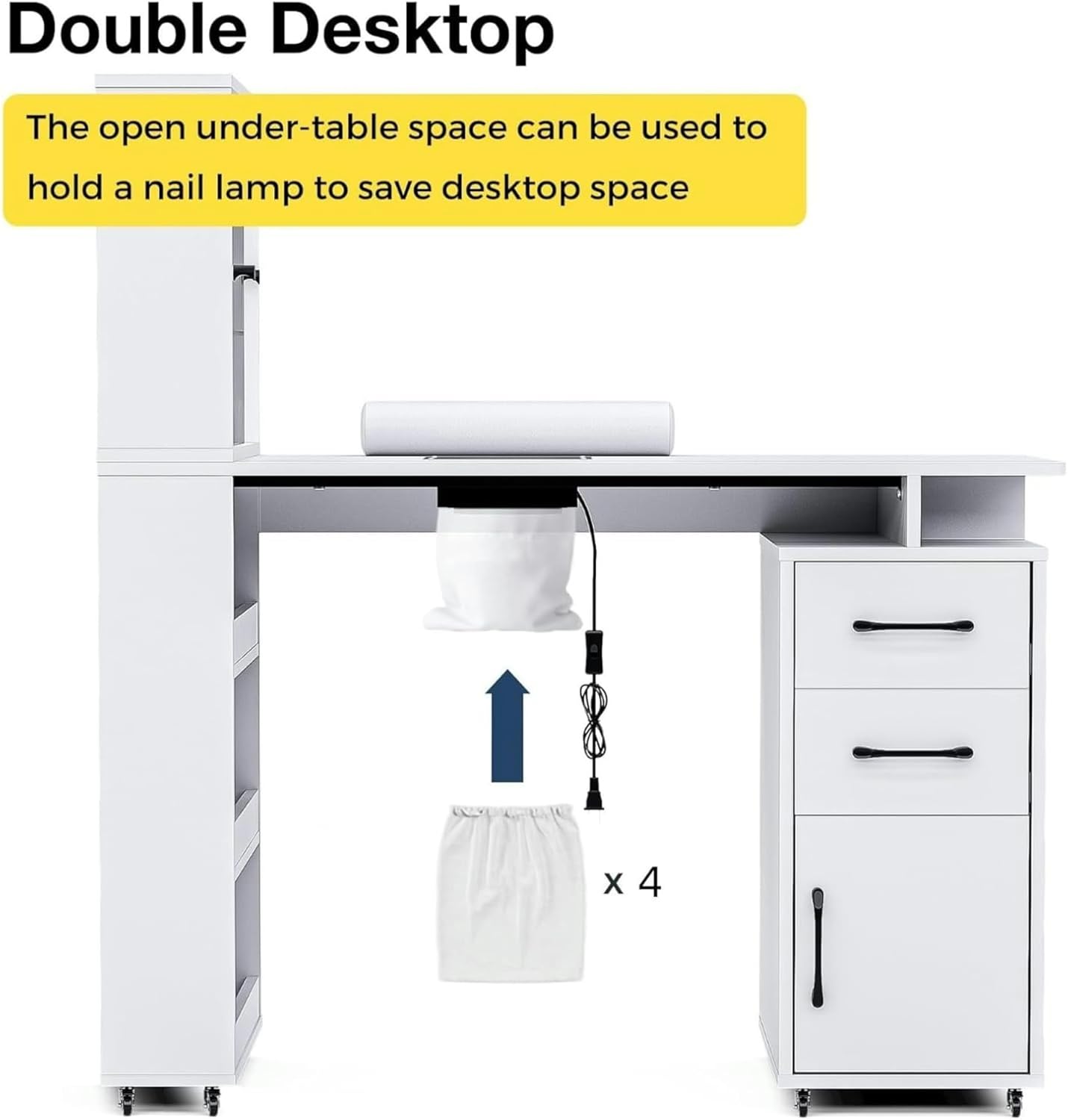 Manicure Table - Nail Desk with Glass Door Storage & Dust Collector | Acetone Resistant, White