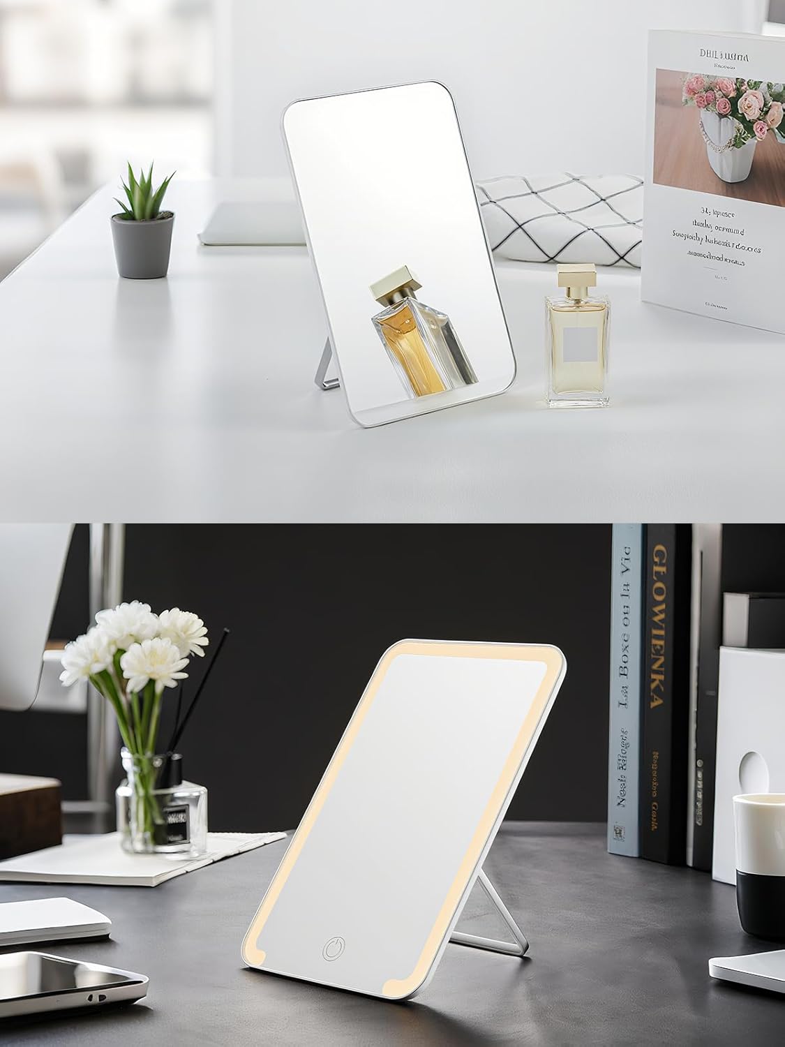 Lighted Travel Makeup Mirror - 8 x 5 Inch Desk Mirror with Foldable Stand & 3 Lighting Modes | White