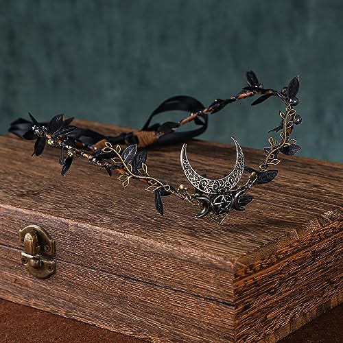 MOSTORY Black Rhinestone Moon Elf Crown - Handmade Fairy Tiara