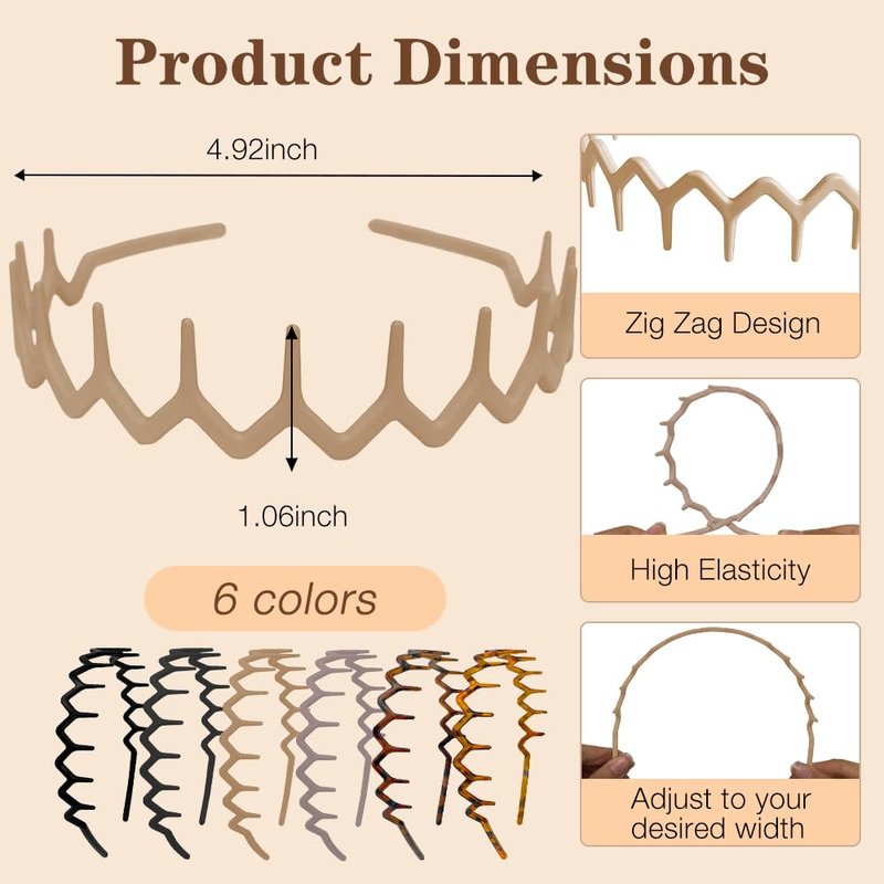 Zig Zag Headbands for Women - Non-Slip Plastic Hair Bands | 6-Pack Retro Style Hair Accessories