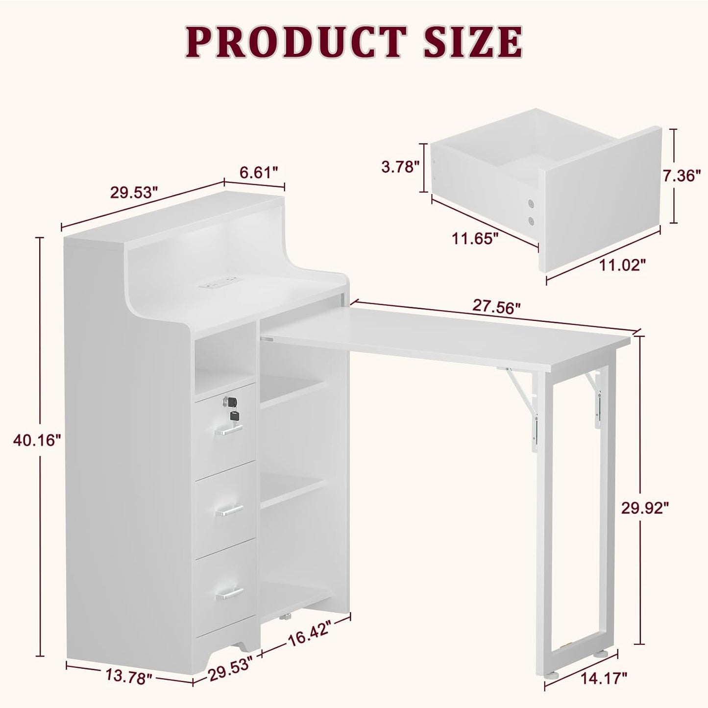 Foldable Nail Desk - L Shape Manicure Table with Drawer & Charging Station | Portable Beauty Salon Workstation (White)