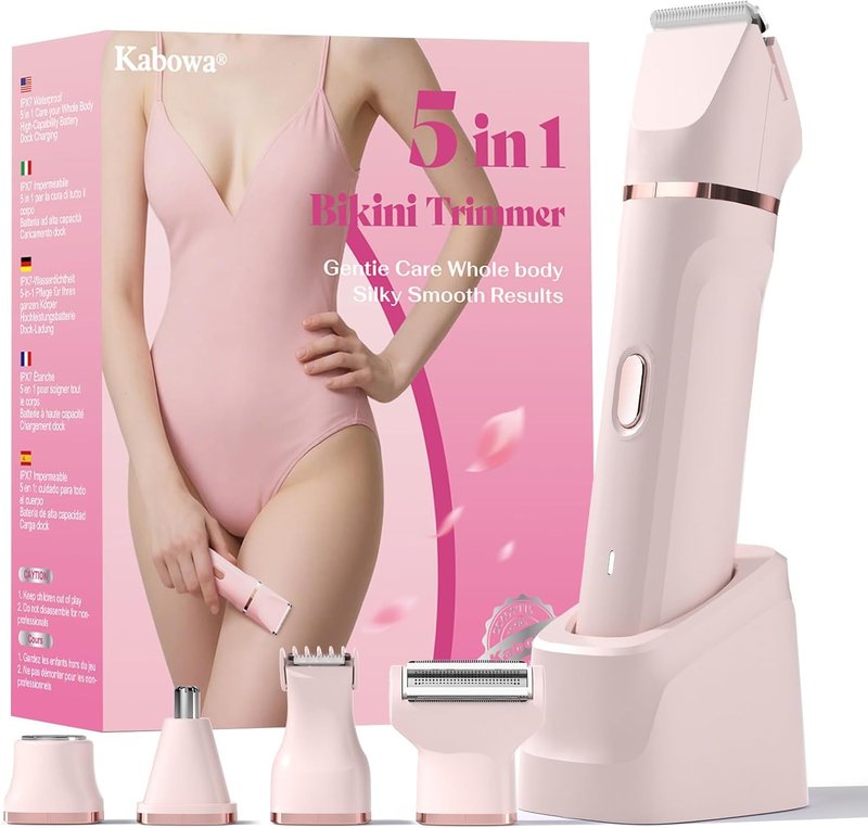 Bikini Trimmer for Women - 5 in 1 Electric Razors for Ladys Pubic Facial Nose Body Leg Hair Removal, Waterproof Electric Shaver for Women Private Area Sensitive Skin, Personal Hair Trimmer-Pink