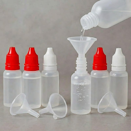 LUSTRIB 10PCS (6 Bottles + 4 Funnels) Small Plastic Dropper Bottle for Travel 15ml (0.5oz) Eye Dropper Bottle with Cap Refillable Travel Container Portable Squeezable for Liquid, (Red & White)