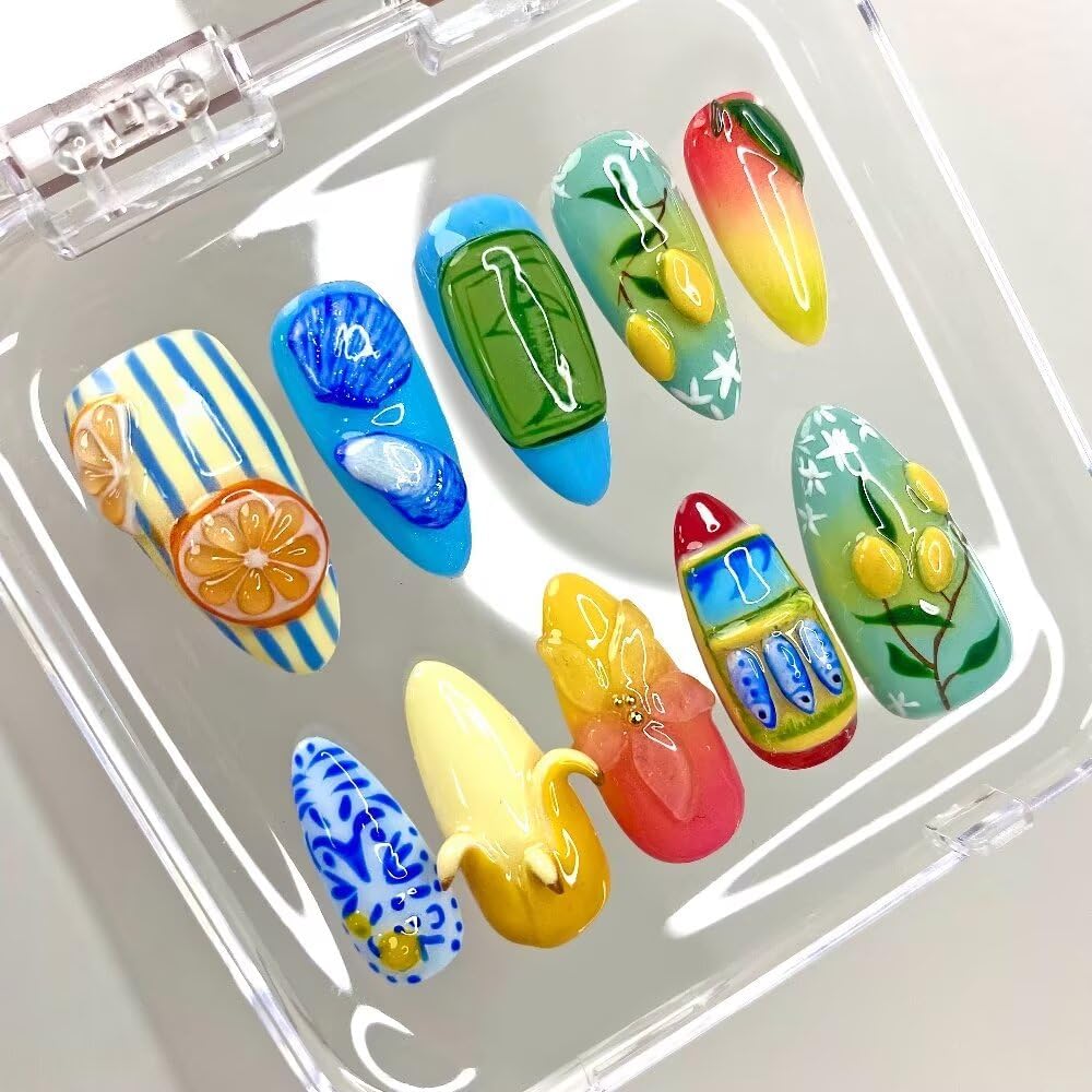 Press On Almond Nails - Handmade 3D Design, Thick Acrylic Gel | Reusable DIY Artificial Nails for Women (10 Pieces)
