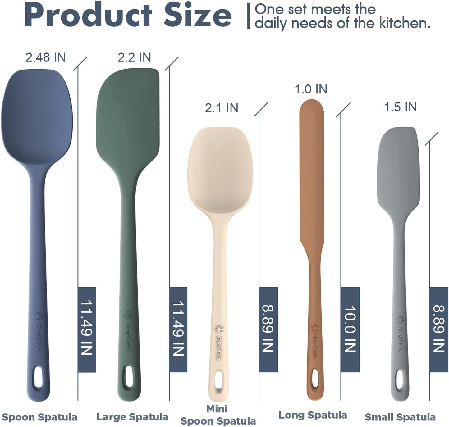 ChefAide Silicone Spatula Set - 5 Pieces, Heat Resistant Up to 600°F | Ergonomic Grip for Nonstick Cookware