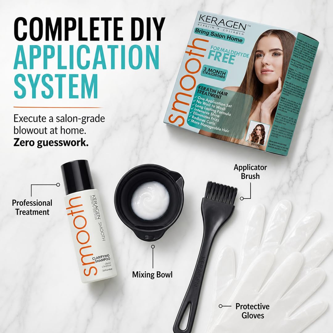 KERAGEN At-Home Keratin Smoothing Treatment Kit – Formaldehyde-Free Express Blowout for Coarse & Frizzy Hair | 0-Hour Wait Time, Instant Wash-Ready Formula | Cruelty-Free, Made in USA | 2 oz