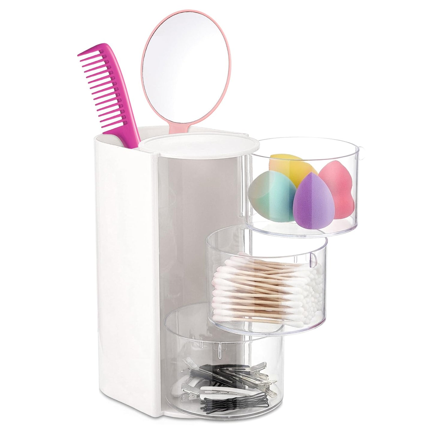 Olnverath 3-Layer Hair Accessories Organizer with Hair Brush Holder, Desktop Organizer Case forDaily Accessories, Rotatable Small Jewelry Box for Clip Earring Necklaces Bracelets Rings(White)
