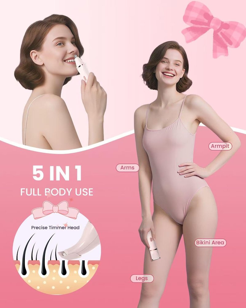 Bikini Trimmer for Women - 5 in 1 Electric Razors for Ladys Pubic Facial Nose Body Leg Hair Removal, Waterproof Electric Shaver for Women Private Area Sensitive Skin, Personal Hair Trimmer-Pink