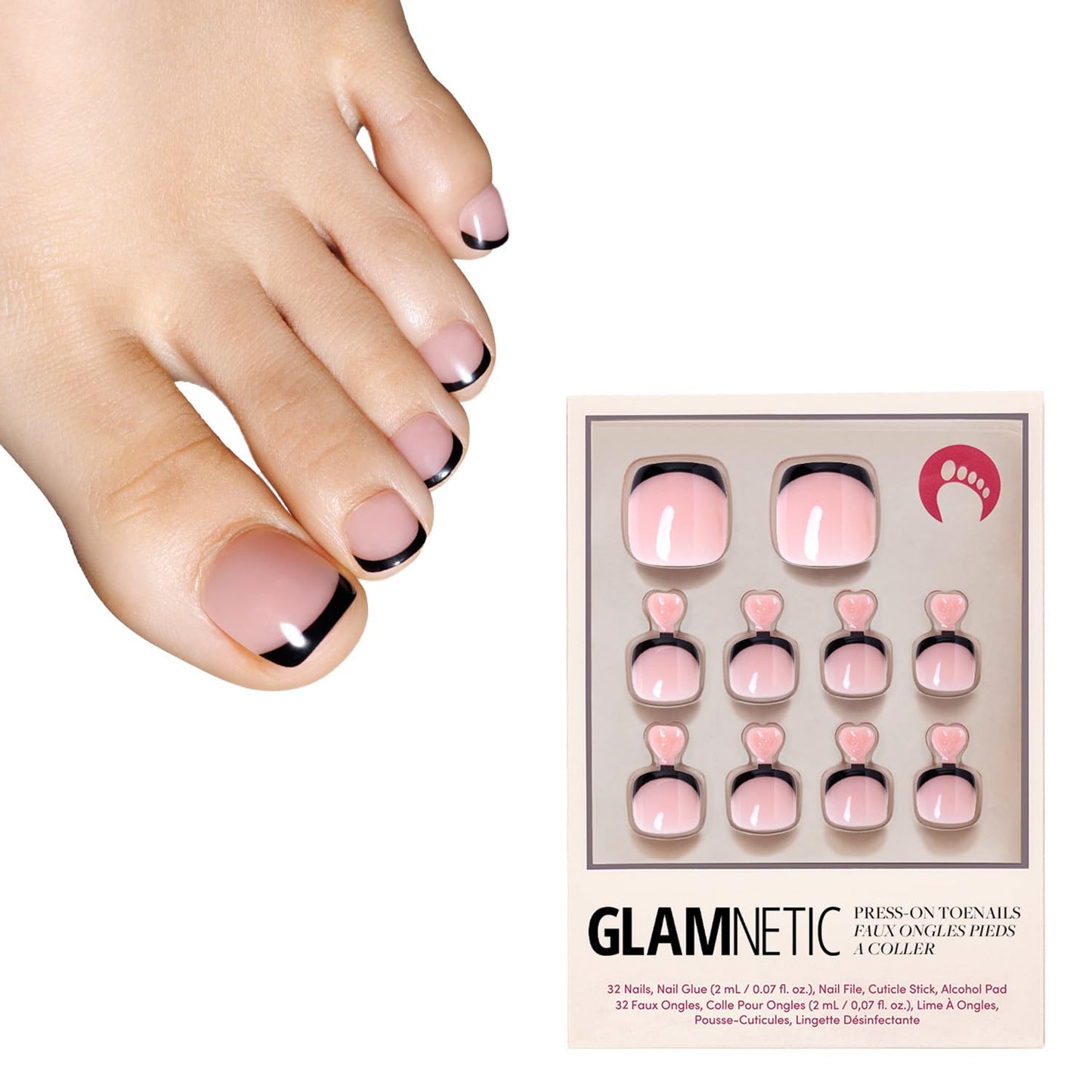 Glamnetic Press On Toenails - Classic White French Tip Fake Toe Nails | 16 Sizes, Glossy Finish, 32 Nail Kit with Glue