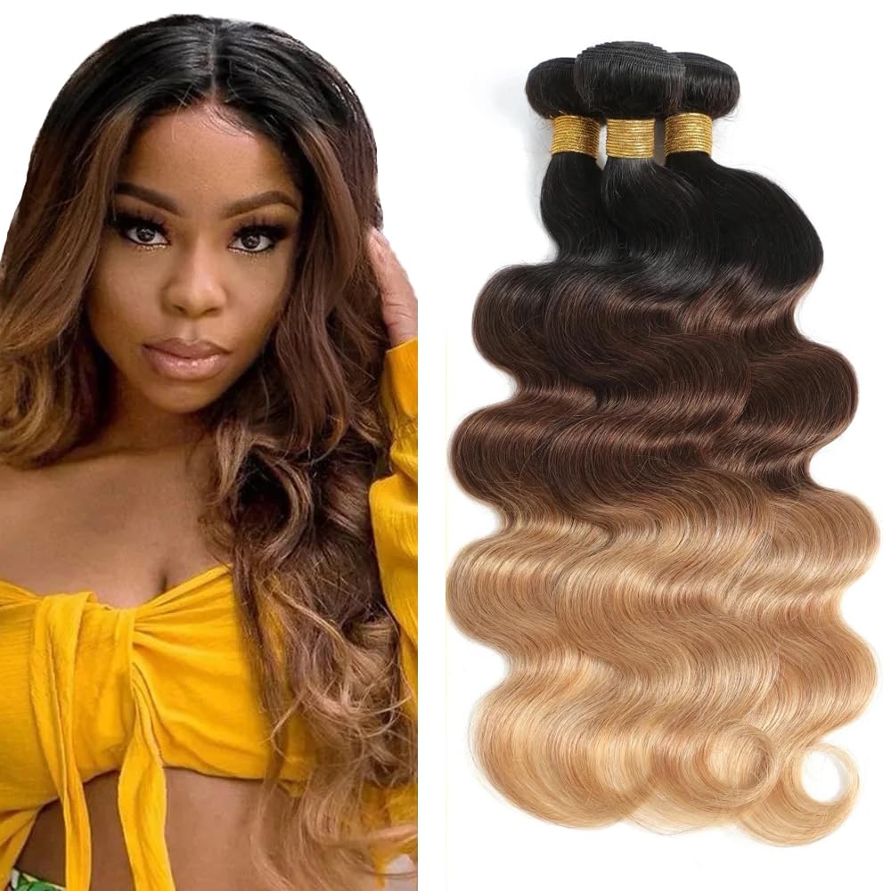 Freiuoke Ombre Blonde Bundles Human Hair t1b/4/27 Body Wave Bundle 24 26 28 Inch 300g Three Tone Human Hair 3 Bundles Brazilian Virgin Hair Extensions