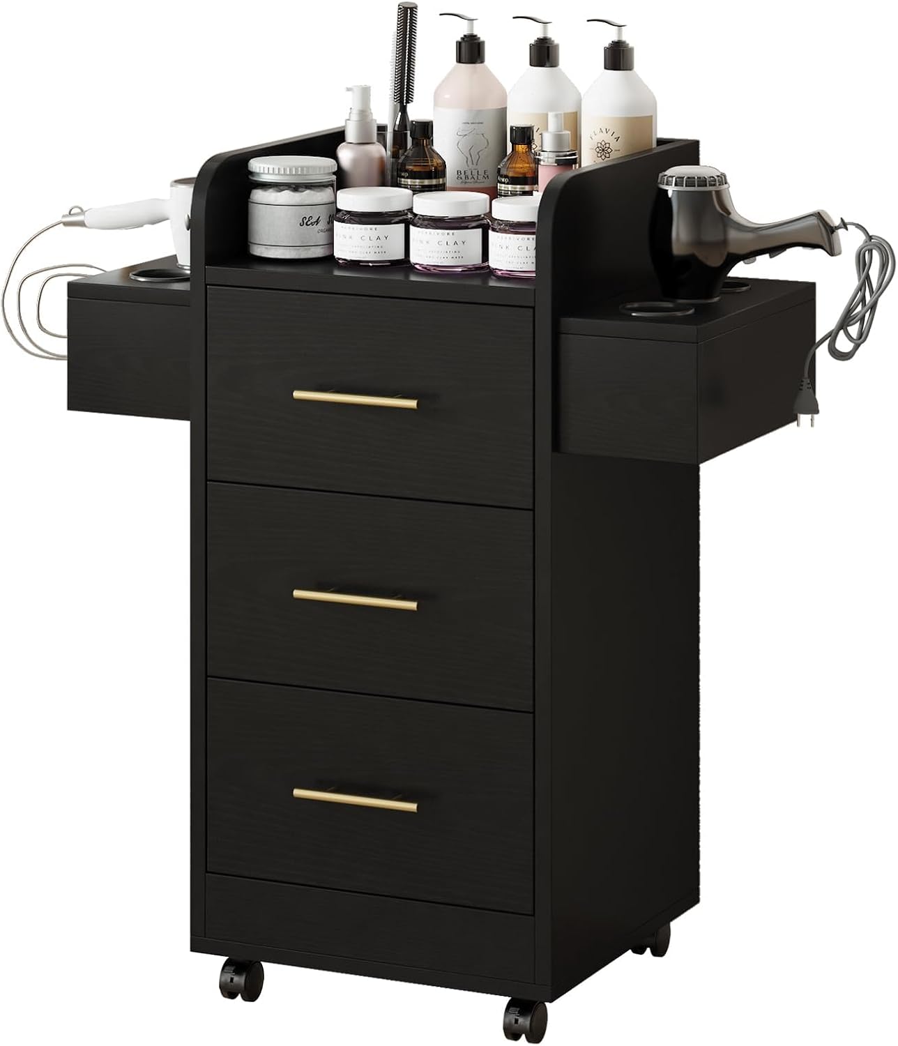 Rolling Salon Station for Hair Stylists - Mobile Trolley Cart with 6 Dryer Holders & 3 Drawers | White & Gold