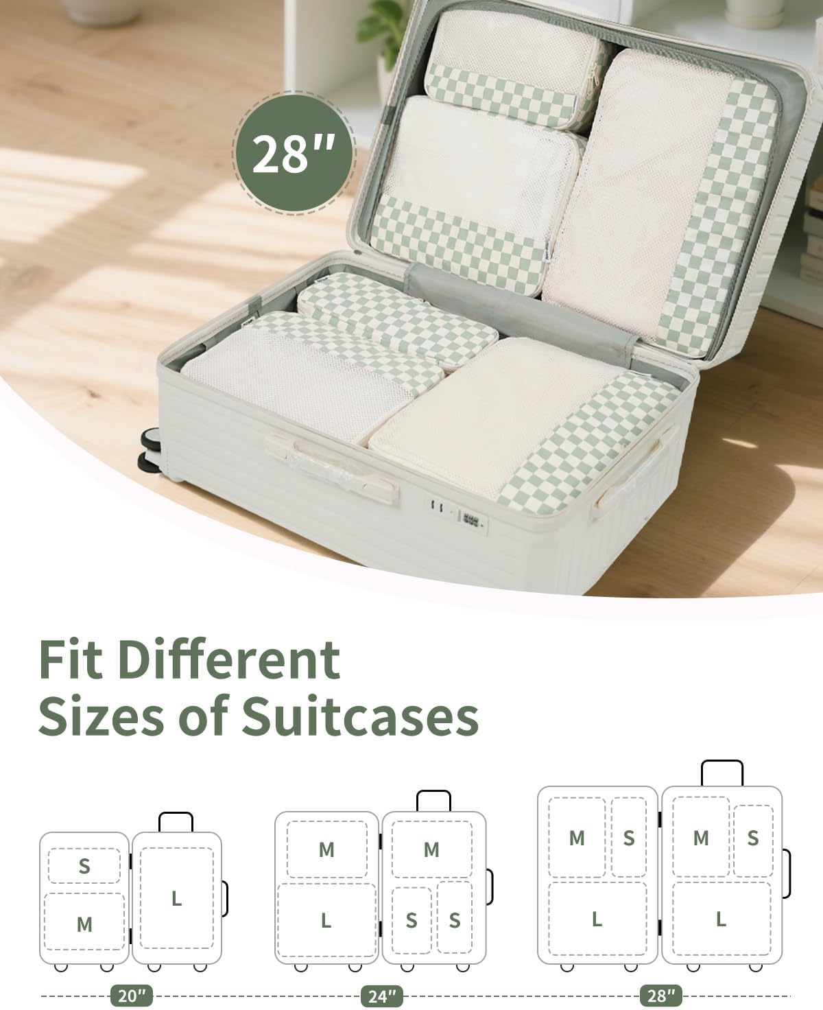 Checkered Packing Cubes Set - Durable Travel Organizer Bags for Kids & Women | Mint Green Checkerboard