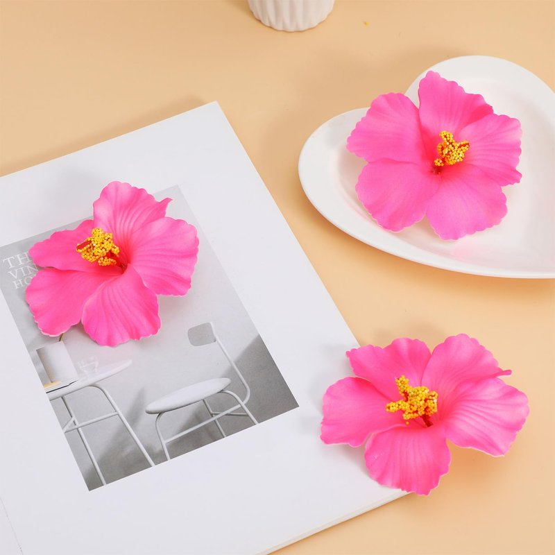 Housoutil Artificial Hibiscus Flowers, 10 Pcs Foam Fake Hawaiian Flower Centerpieces, Faux Tropical Luau for Party Decorations, DIY Summer Hair Clip Accessories, Table Decor (Pink)