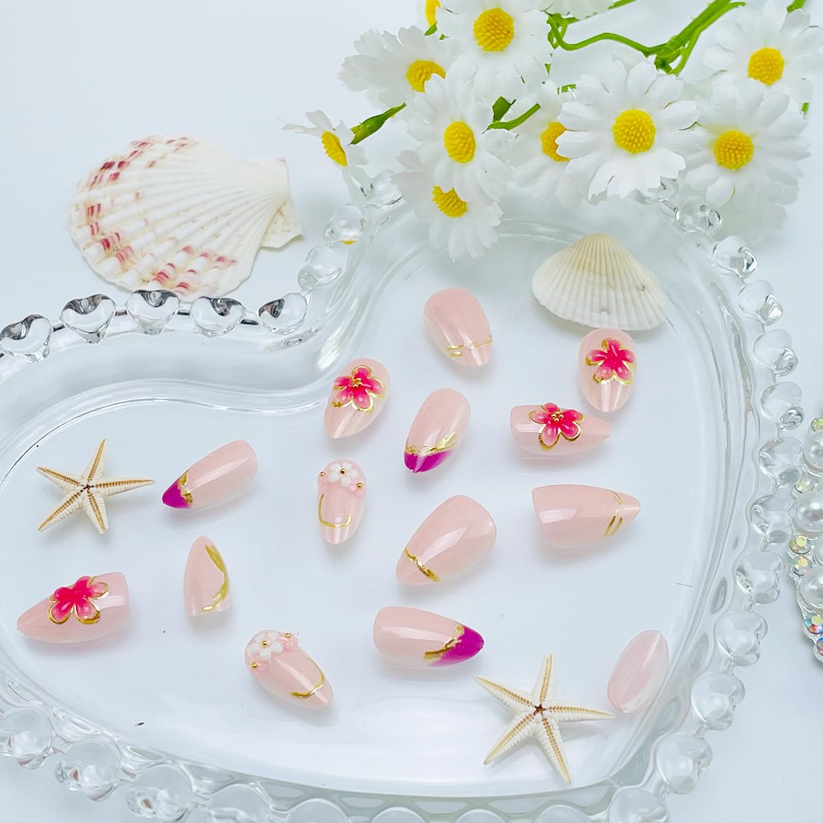 Flower Press On Nails - 24Pcs Short Almond Acrylic Set with 3D Pearl Floral & Gold Chrome Design | Glossy Pink Full Cover