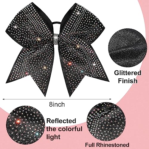 DEKA 8-Inch Glitter Cheer Bow with Rhinestones - Black, Ponytail Holder for Girls & Cheerleaders