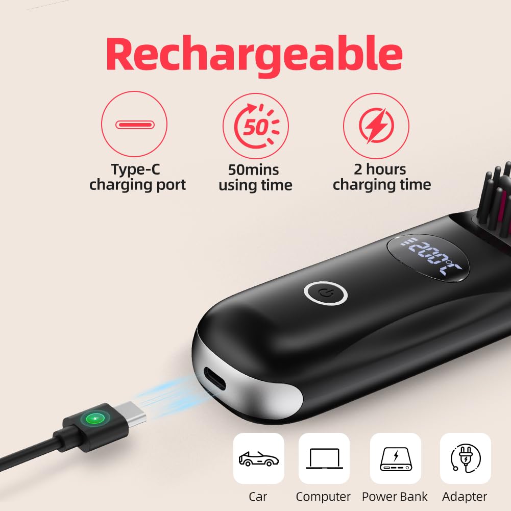 Cordless Hair Straightener Brush for Travel Portable Hair Straightener Comb with Negative Ion Mini hot Brush for Women, on-The-go Rechargeable with LED Display Anti-Scald Protection
