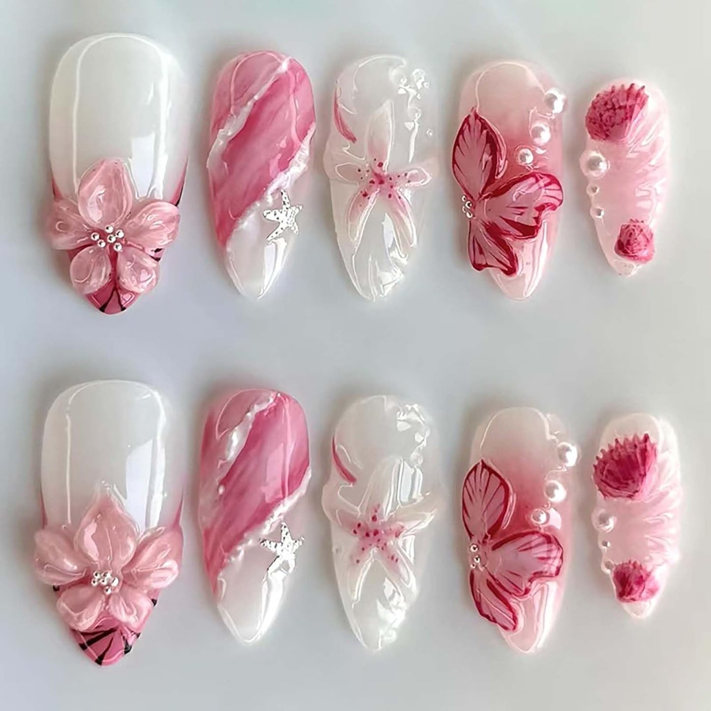 Press-On Nails - 24Pcs Medium Almond Beach Flower Design | Full Cover Acrylic with Shell & Starfish Rhinestones
