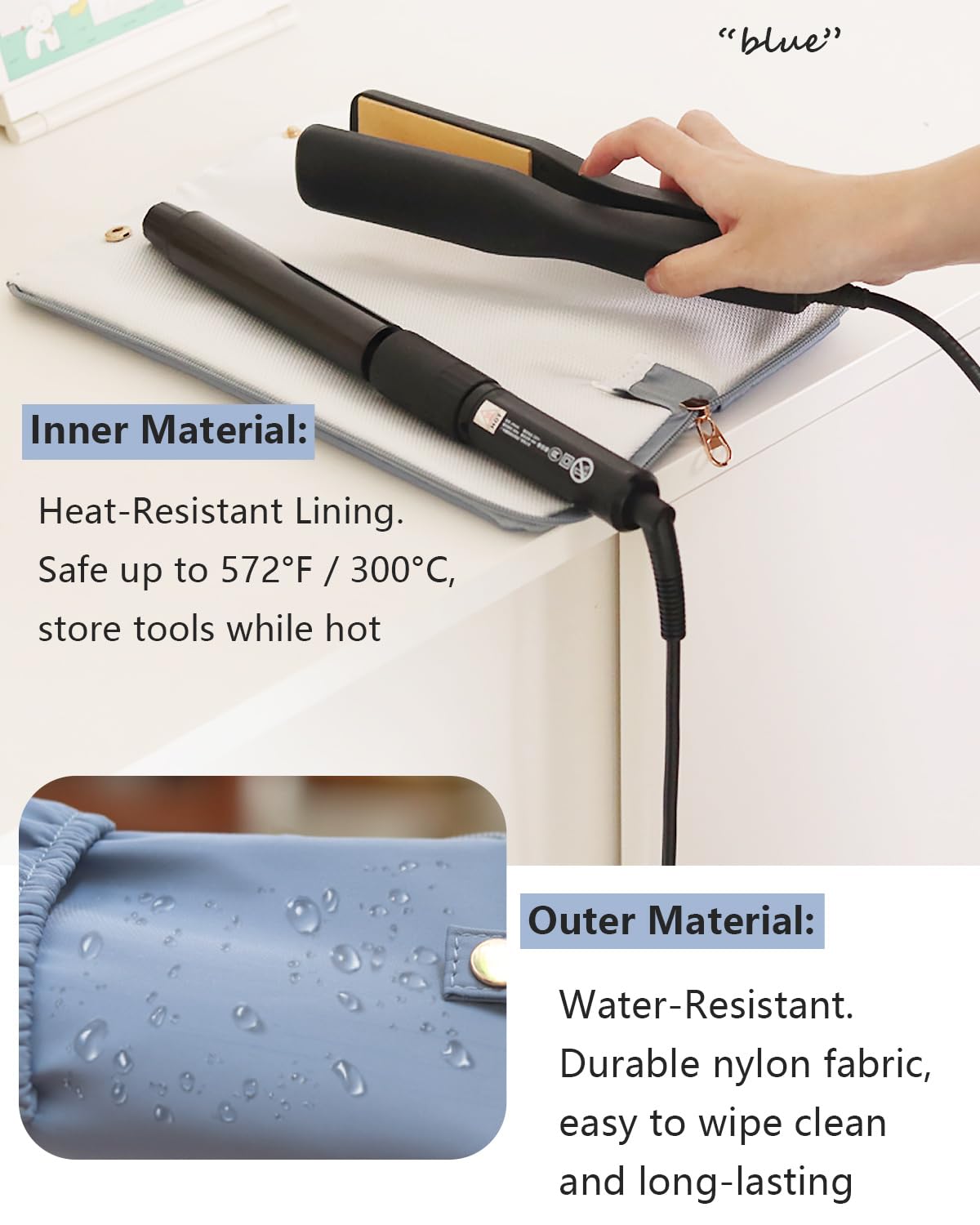 Lifeplus Holder & Mat for Hot Tools, Curling Iron Flat Iron Heat Resistant Hair Tools Travel Bag - Ideal for Home, Travel, Gift (Blue)