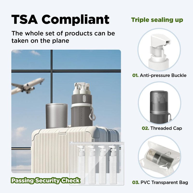 Travel Bottles for Toiletries - TSA Approved Shampoo & Conditioner Set with Suction Cups | Gray