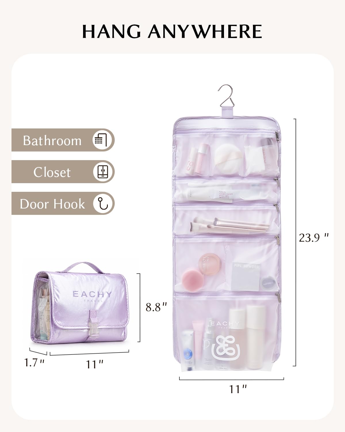 EACHY Hanging Toiletry Bag with Buckle Closure, Ultra-Lightweight Travel Essentials, Waterproof Toiletry Bag for Women Men, Portable Makeup Organizer with Matte TPU Pockets and Hanging Hook