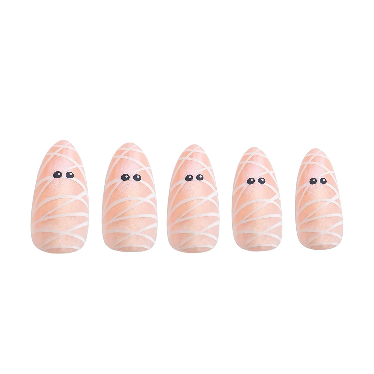 Press On Nails - Mummy Glaze Halloween Almond Fake Nails | 30 Reusable Salon Quality Nails in 15 Sizes with Glue