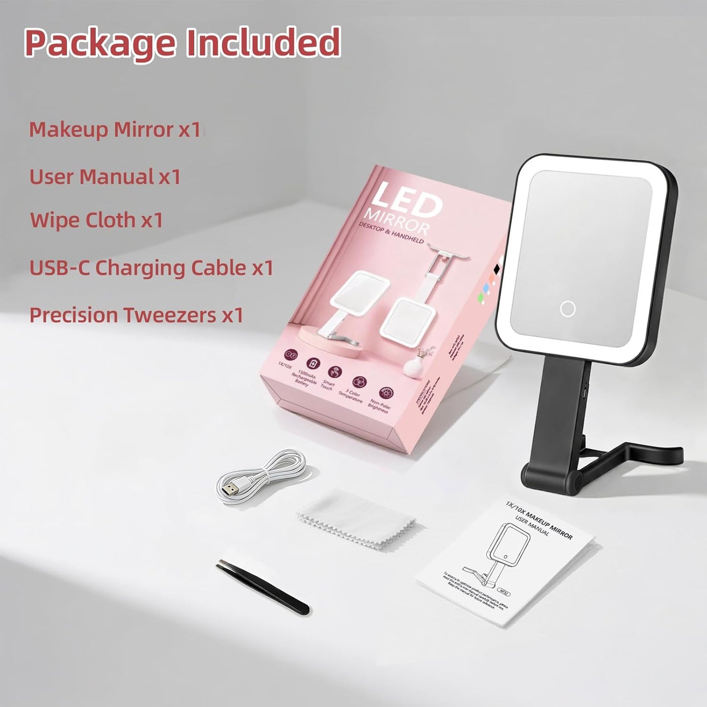 Rechargeable Travel Mirror with Lights - 10X/1X Double-Sided, 3 Color Lighting | Smart Touch Dimming, Precision Tweezers (10.3"x5.2")