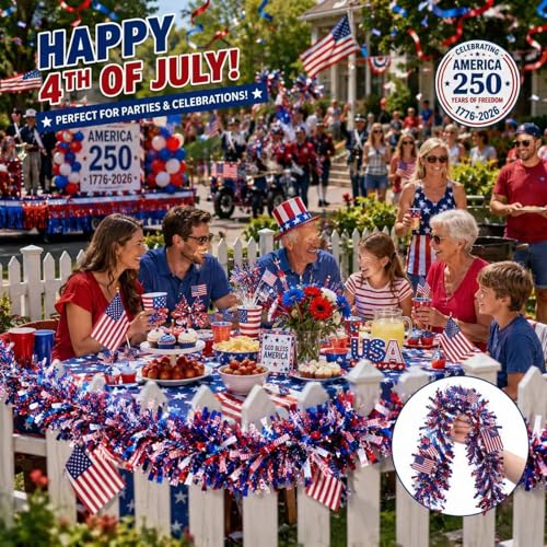 33-Foot Patriotic Tinsel Garland for 4th of July Decor