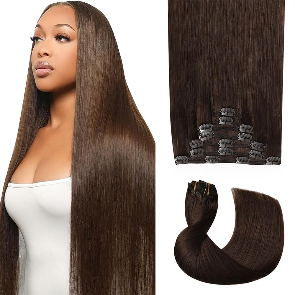 #4 Brown Clip in Hair Extensions Real Human Hair,32 Inch 120g/7Pcs,Full Shine Dark Brown Remy Human Hair,Chocolate Brown Straight Clip ins Brazilian Virgin Hair Extensions