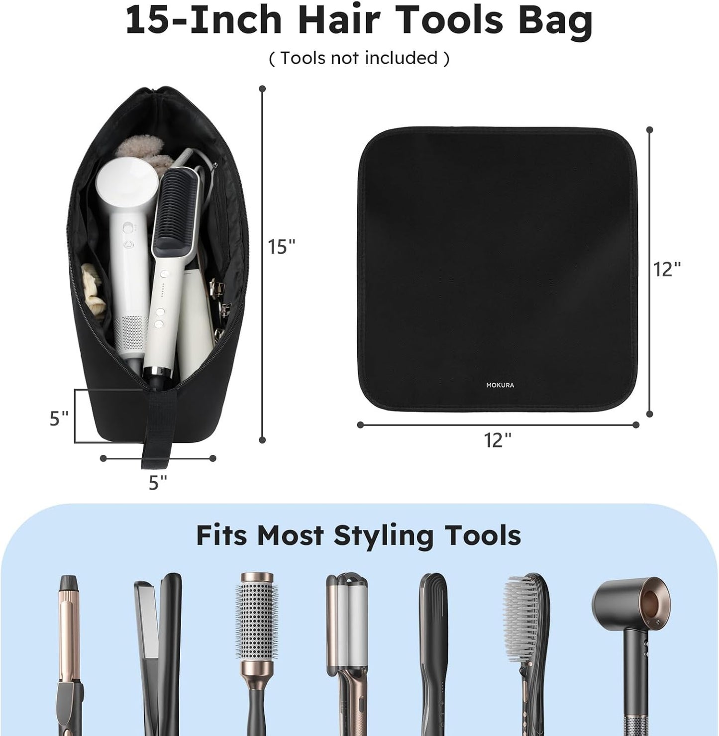 MOKURA Travel Hair Tools Organizer Bag - Heat Resistant Mat, Removable Storage Pouch for Curling Iron & Straightener | Black