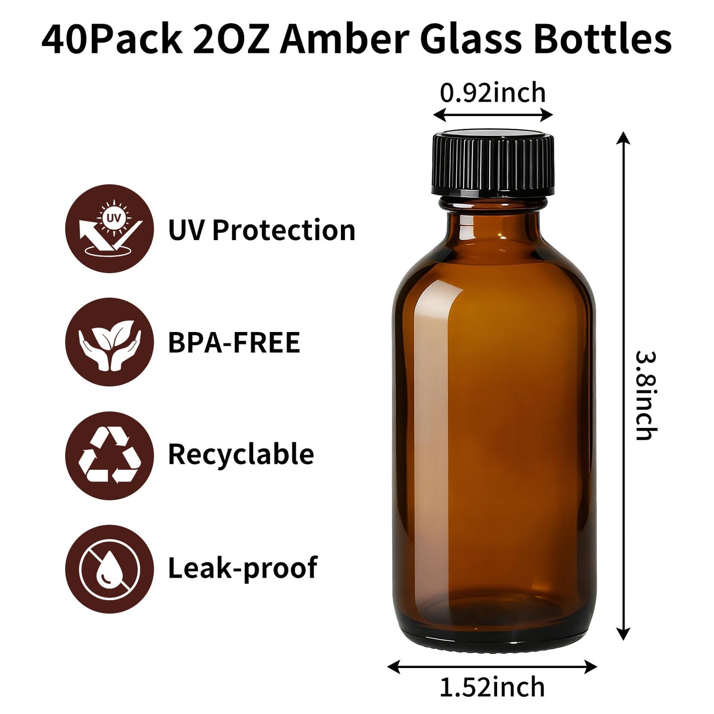 40 Pack 2oz Amber Glass Boston Round Bottles with Polycone Leak-Proof Phenolic Caps – Brown Airtight Refillable Containers for Homemade Vanilla Extract, Essential Oils, Herbal Medicine, and Syrups