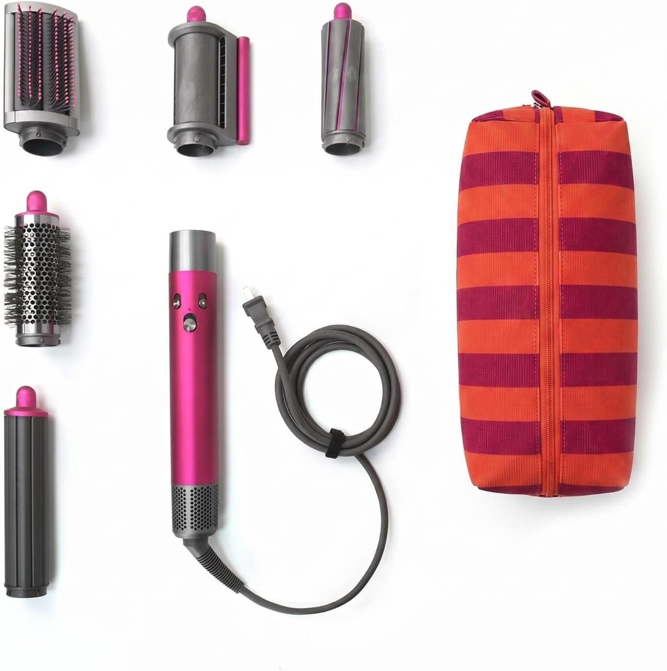 Striped Hair Tools Travel Bag - Corduroy Organizer for Hair Dryer & Flat Iron | Aesthetic Foldable Design (Red & Orange)