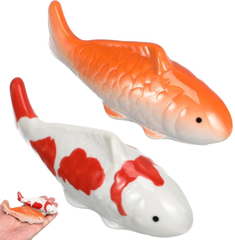 Housoutil Ceramic Floating Koi Fish, 2PCS Ceramic Floating Fake Fish Goldfish Koi Decor Realistic Water Pond Decor for Outdoor Fountain, Bird Bath, Mini Water Garden and Fake Aquarium