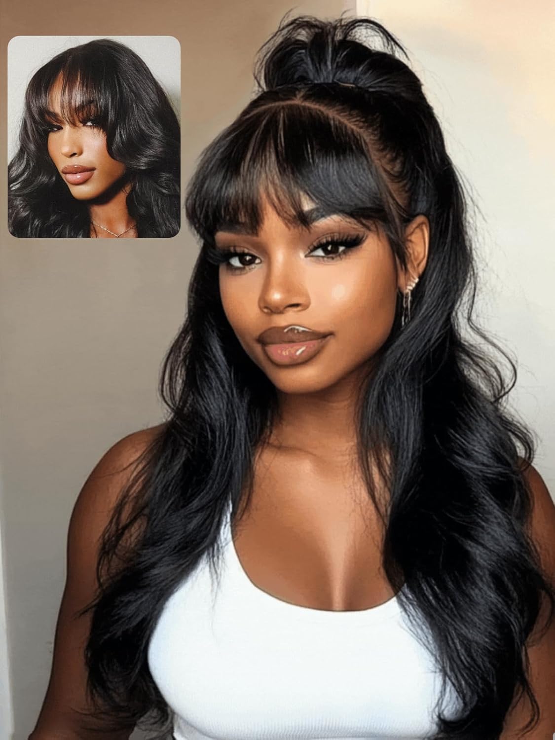 UNICE Body Wave Human Hair Wig with Wispy Bangs, Glueless 7x5 Lace Front Wig Pre Cut Pre Plucked Bleached Knots, Beginner Friendly Ready to Wear Drawstring Wig, Natural Black 180% Density 22 Inch